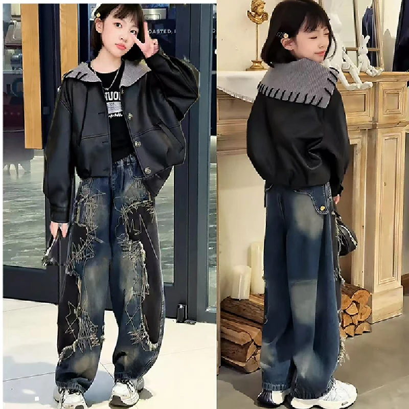 女童皮衣外套2025新款秋装洋气时髦中大童韩系针织毛线海军领皮衣