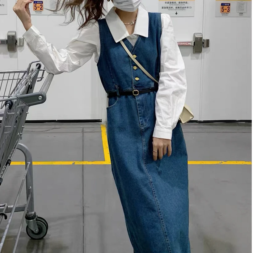 《现货》牛仔套装女减龄2025新款韩版衬衫+背带连衣裙两件套2012