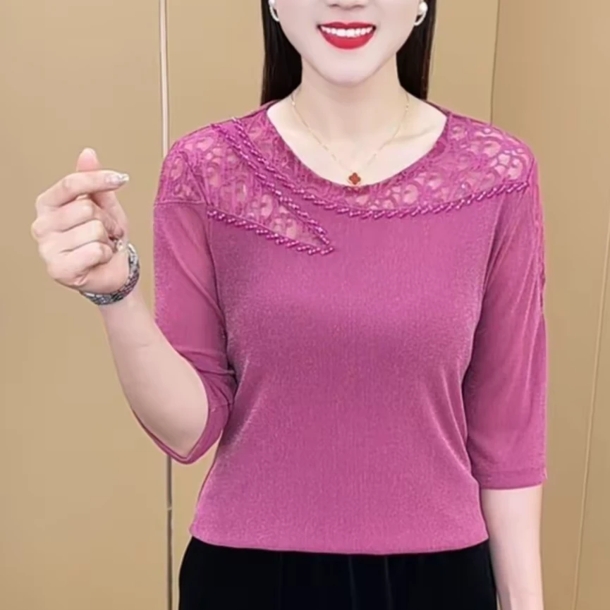 夏季新款时尚洋交叉领蝴蝶烫钻蕾丝拼接减龄休闲百搭气质修身上衣