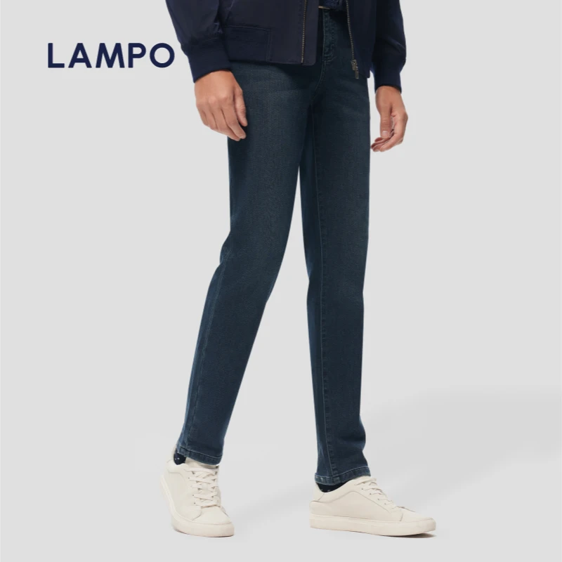 LAMPO/蓝豹【反季款】男士休闲长裤直筒通勤深蓝色磨毛弹力牛仔裤