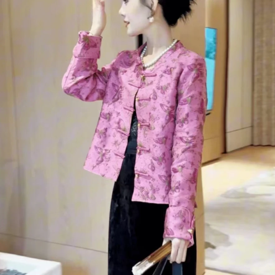 【桃夭~加棉】夹棉新中式外套女圆领长袖轻奢刺绣福蝶上衣棉服542