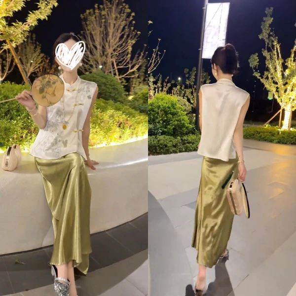 夏季气质休闲2025新中式国风刺绣斜门襟立领上衣时尚半身裙两件套