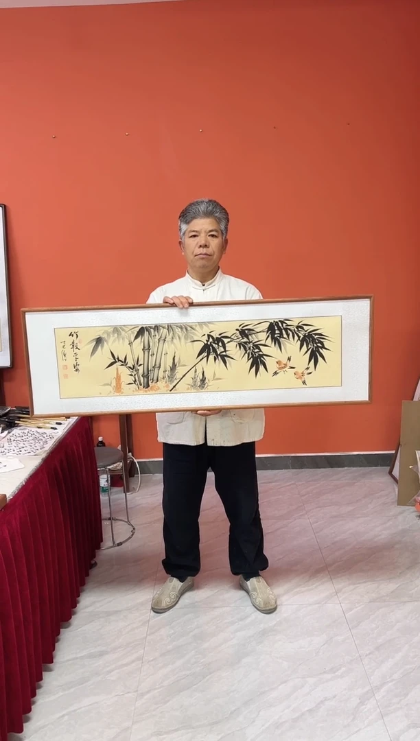 书法张富民手绘作品/横幅 竹报平安//122*40古宣（（乌檀木外框）