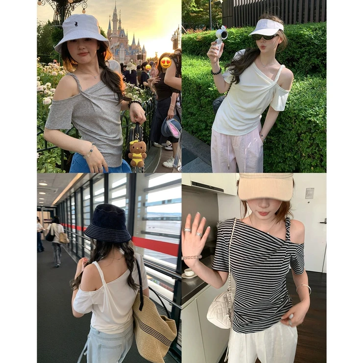 jeju明信片’'捏褶显瘦露肩斜肩t百搭设计感韩版辣妹