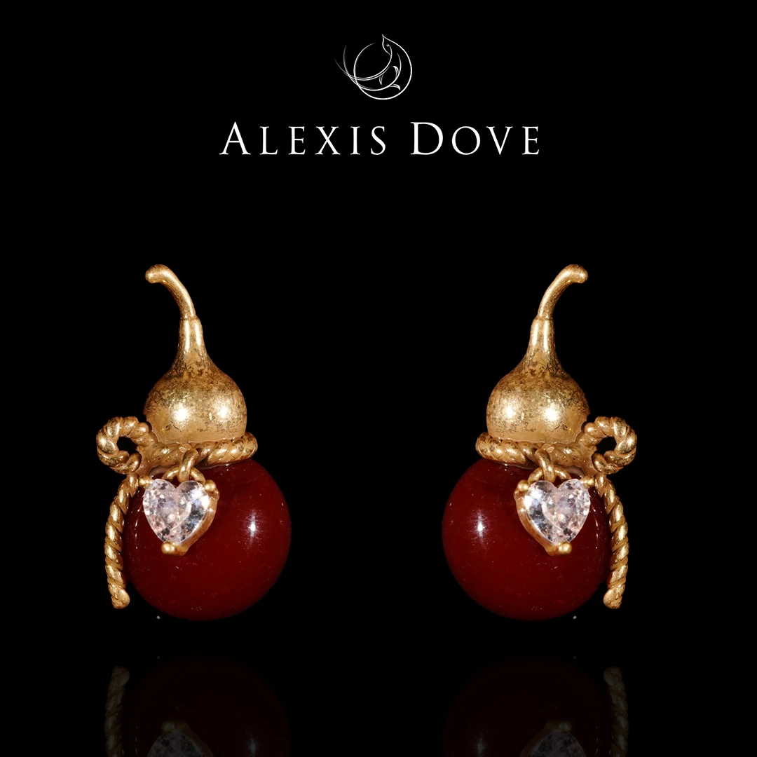 铜合金合成锆石耳饰 复古福禄红色耳钉【乐亿】