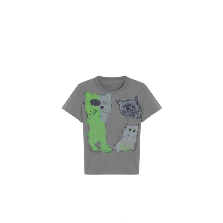 PCNY「酷影猫衫」四四大王夏季新款女装酷感潮流猫咪宽松印花短袖