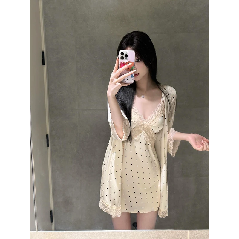 【纯欲性感带胸垫】蕾丝花边吊带冰丝睡衣女春秋季家居服睡裙套装