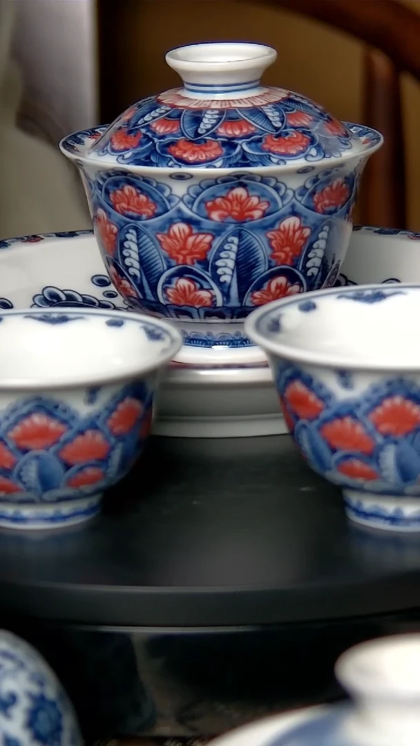 青花釉里红5件茶具套组