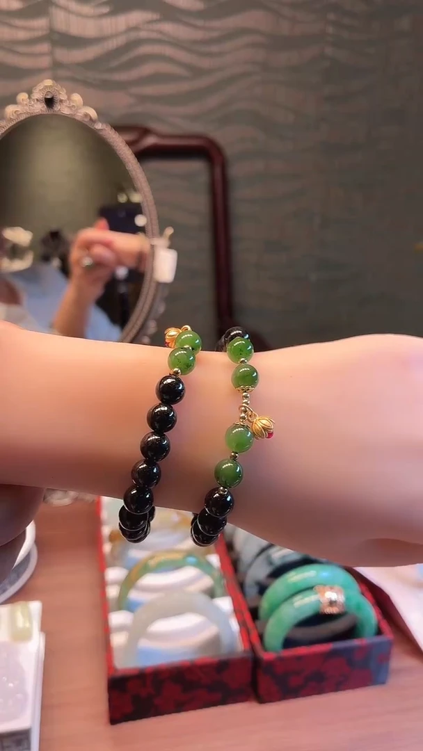 银S925镀金镶嵌手串翡翠乌鸡和田玉手串（多样性发）