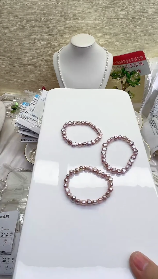 银S925镶嵌手链淡水珍珠妖艳紫巴洛克5.5-6mm