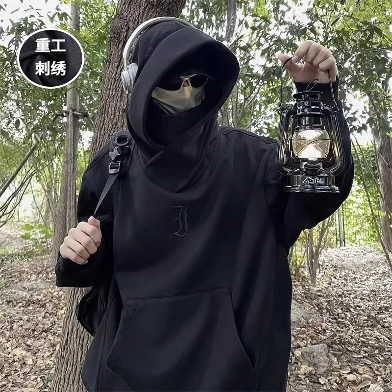 特大码300斤社恐i人刺绣设计堆堆领卫衣男女痞帅宽松百搭忍者外套