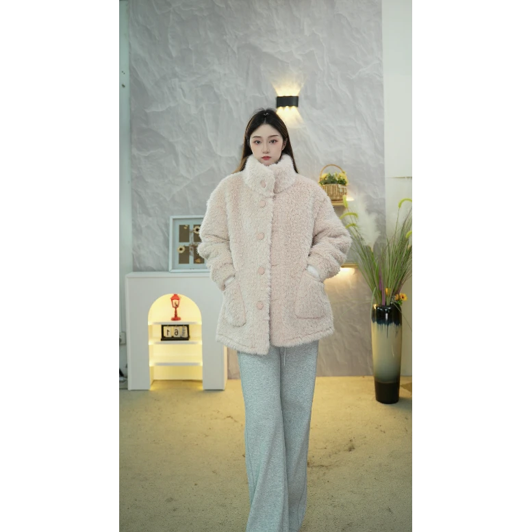 冬季新品仿皮草羊羔毛大衣立领毛毛外套-82051