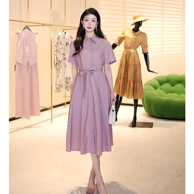 【玫粉芳华】阿玛施春夏新款显瘦收腰气质A摆法式优雅洋装裙550052