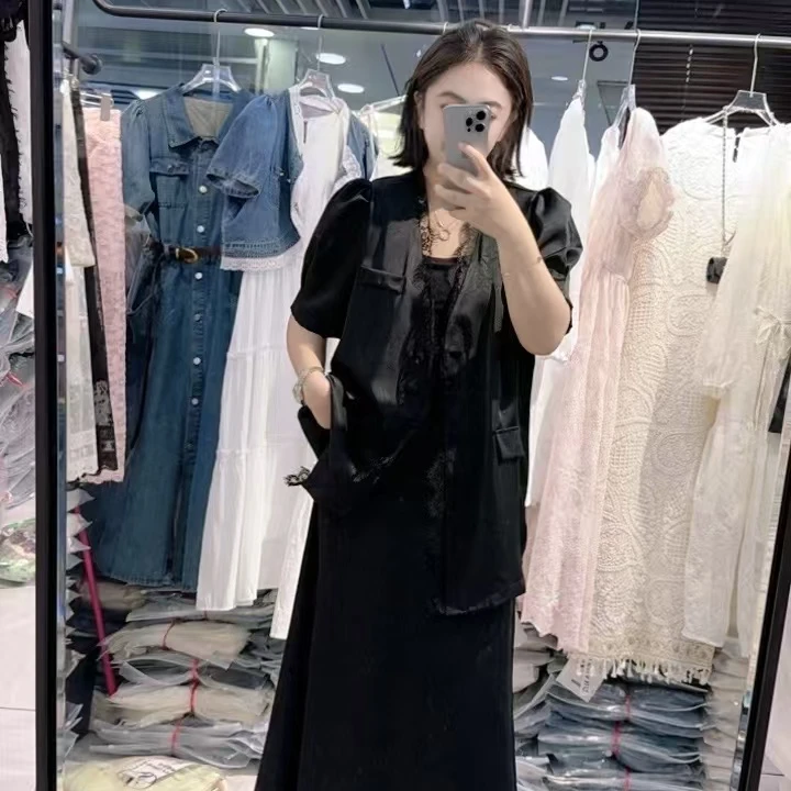 夏季显瘦洋气拼接蕾丝短袖西装外套女宽松气质百搭设计感套装