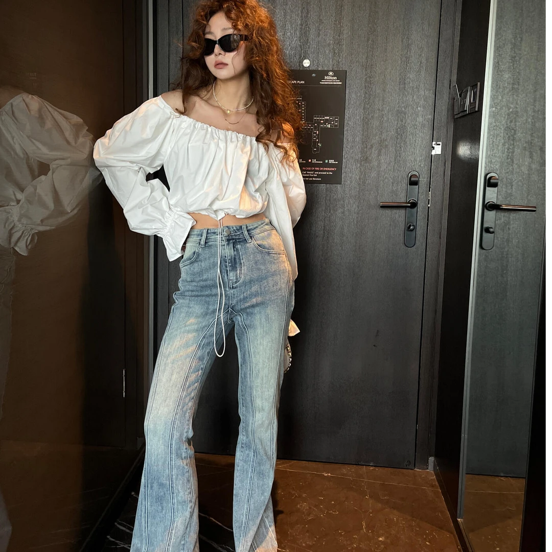法式通勤一字肩外穿性感辣妹长袖上衣气质显瘦牛仔长裤时尚两件套