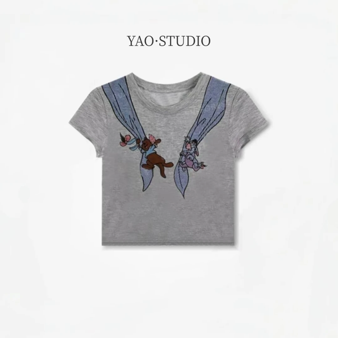 2025夏季新款轻奢亚麻天丝流行款显瘦短袖卡通T恤潮流休闲上衣