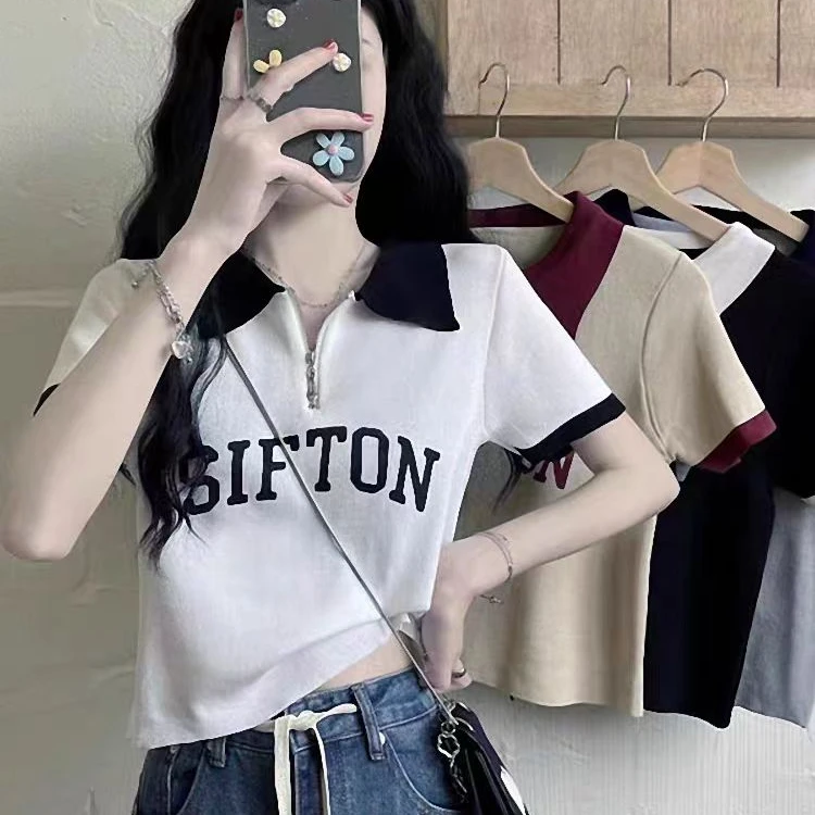 短袖夏季女短款纯色拼接毛针织衫设计感印花百搭小众修身