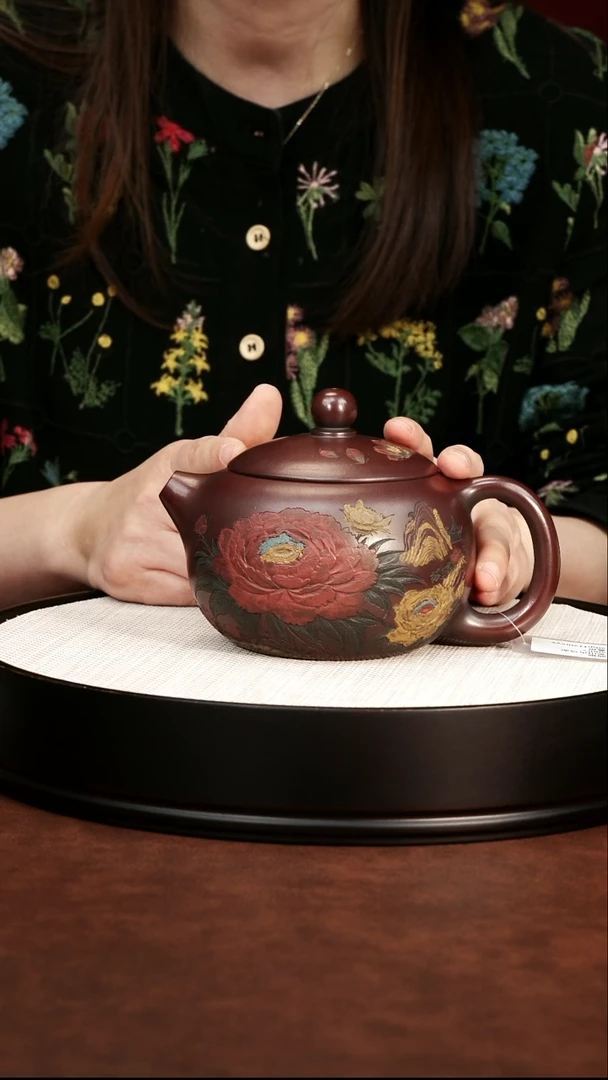 茶壶紫砂彩陶刻 牡丹西施 400cc