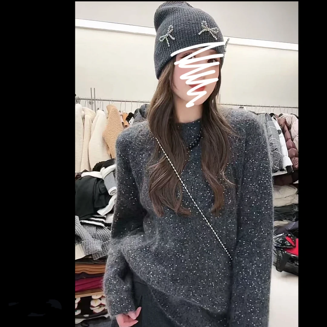 璀璨星空重工亮片灰色气质毛衣圆领休闲打底软糯氛围感外穿针织衫