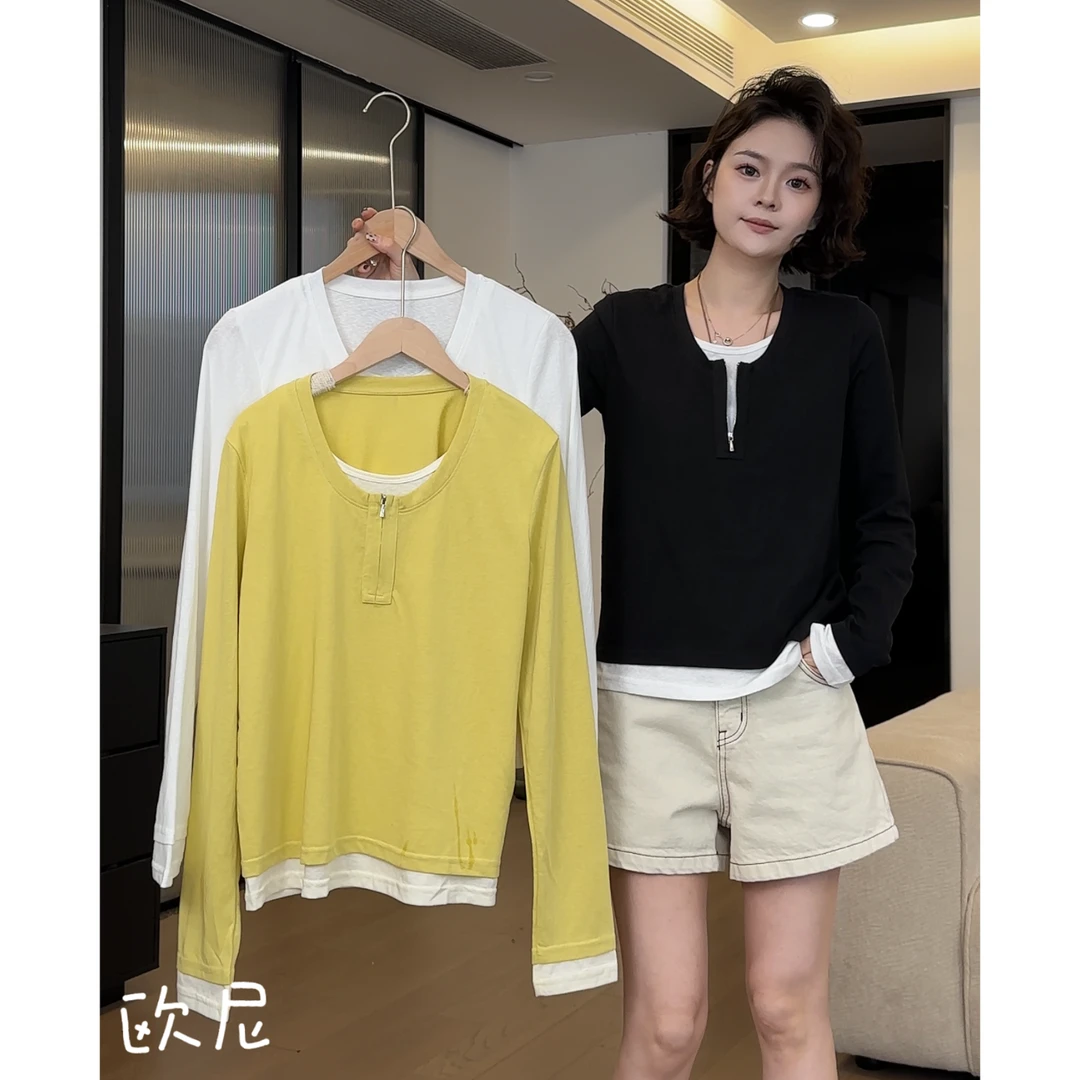 欧尼私服 2025春款韩系领口拼色假两件修身显瘦打底衫2503C931