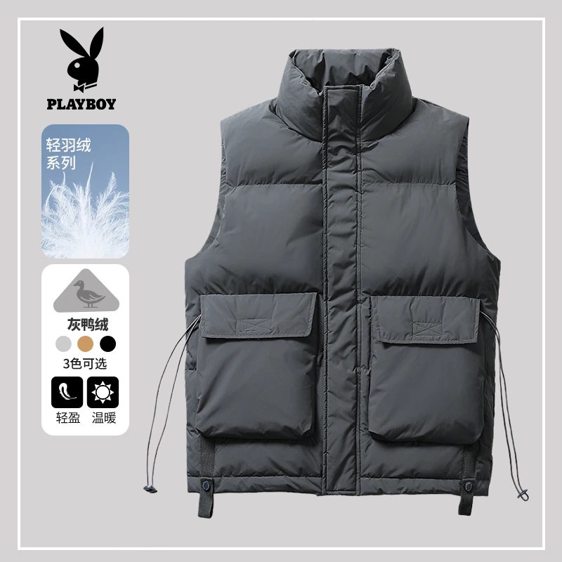 花花公子羽绒马甲男士时尚户外情侣羽绒服保暖温暖秋冬灰鸭绒轻盈