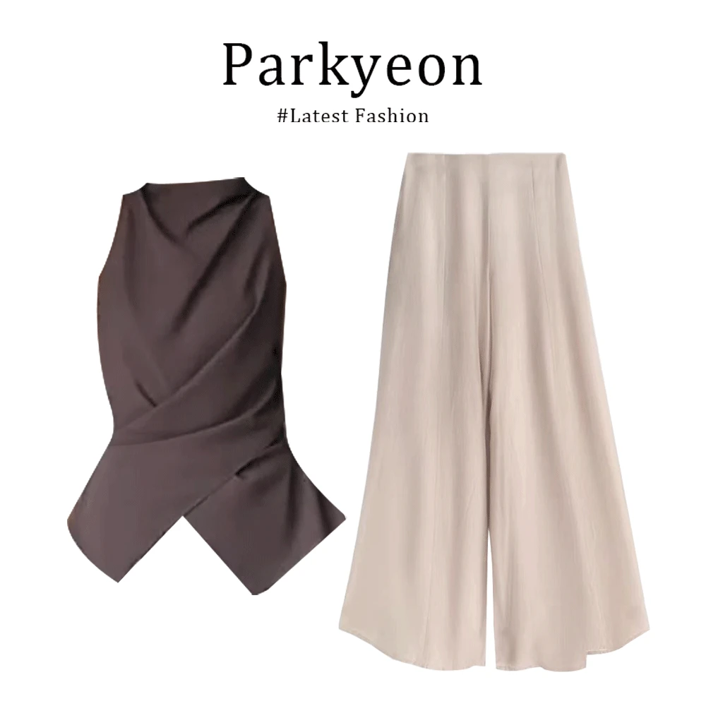 parkyeon轻奢高级感穿搭一整套女夏季不规则交叉收腰上衣休闲裤子
