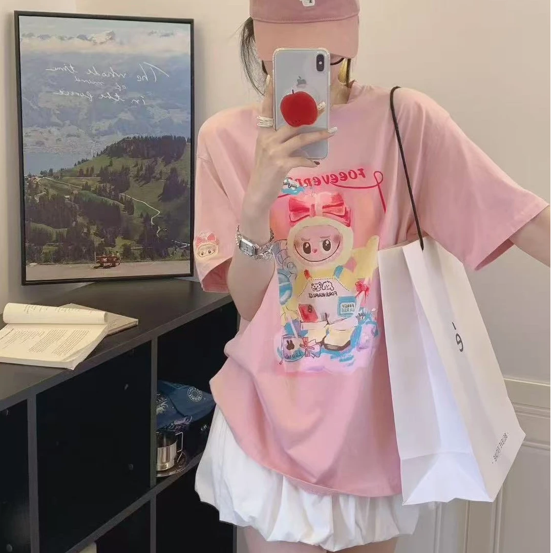 Foreverrice纸袋2526纯棉卡通拉布印花圆领宽松短袖T恤上衣时尚夏