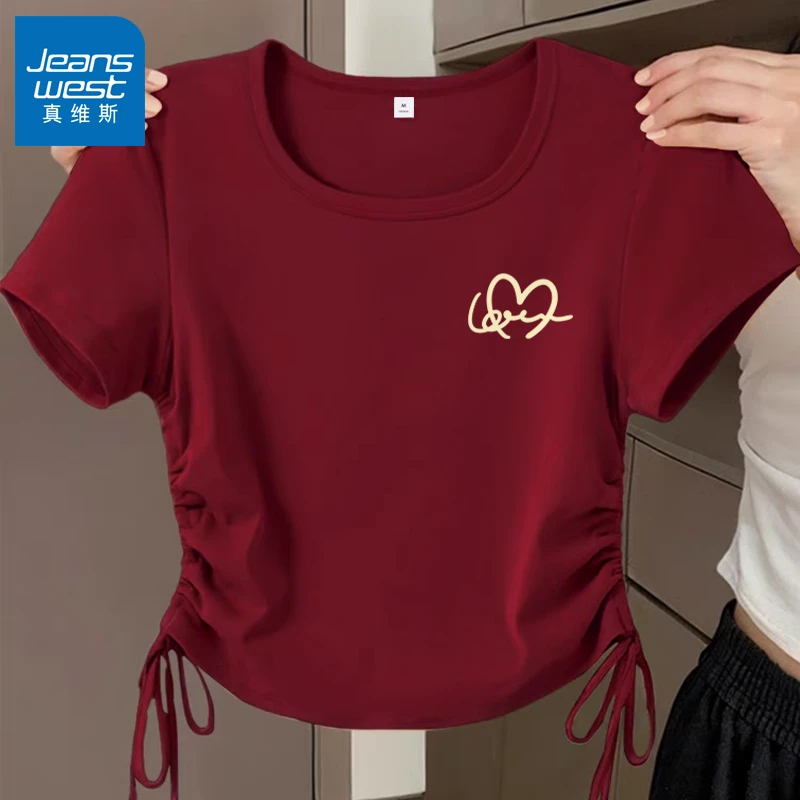 真维斯酒红色方领短袖t恤女2025夏季新款女生半袖女装小个子夏装
