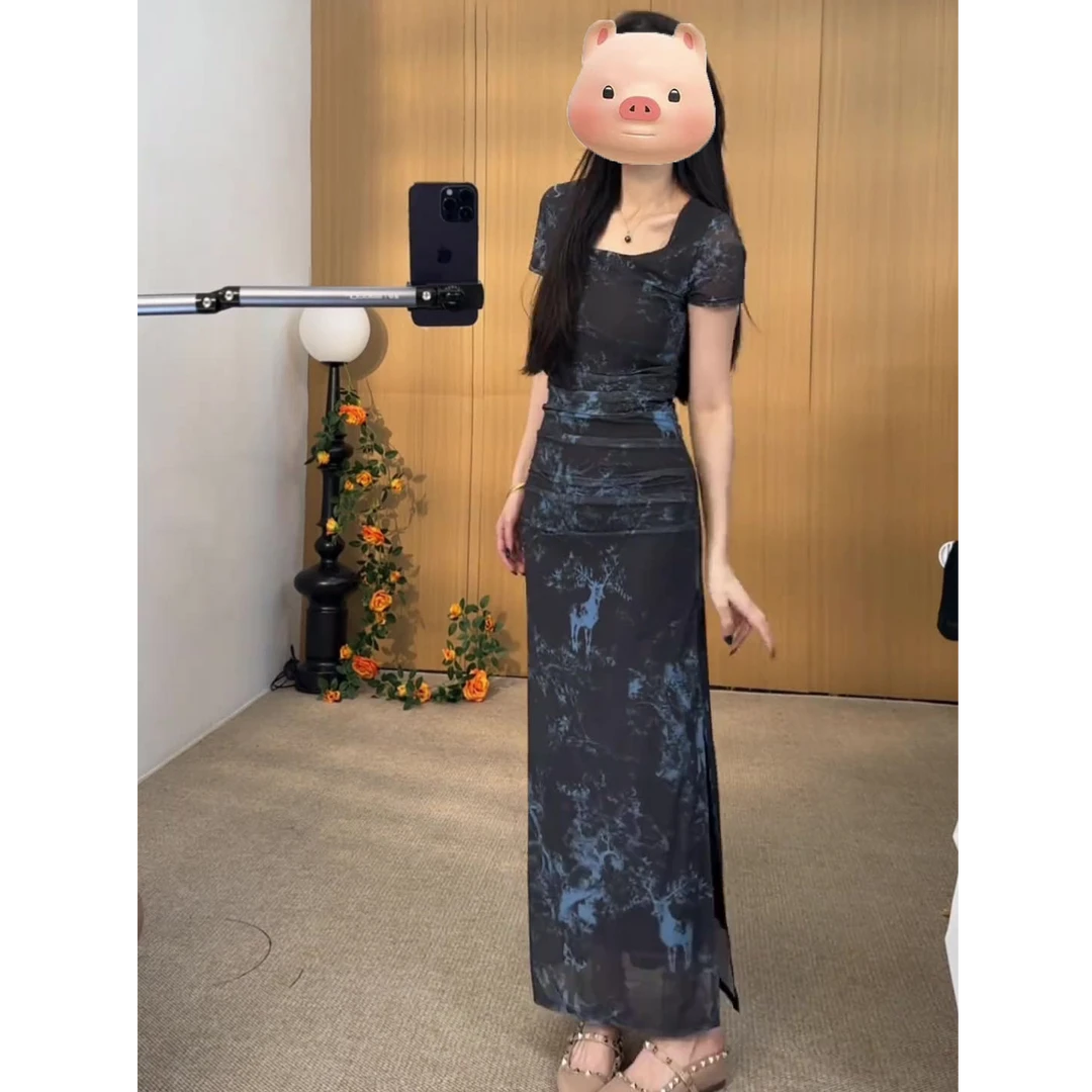 墨染复古修身时尚连衣裙女夏季新款捏褶收腰气质开叉包臀短袖长裙