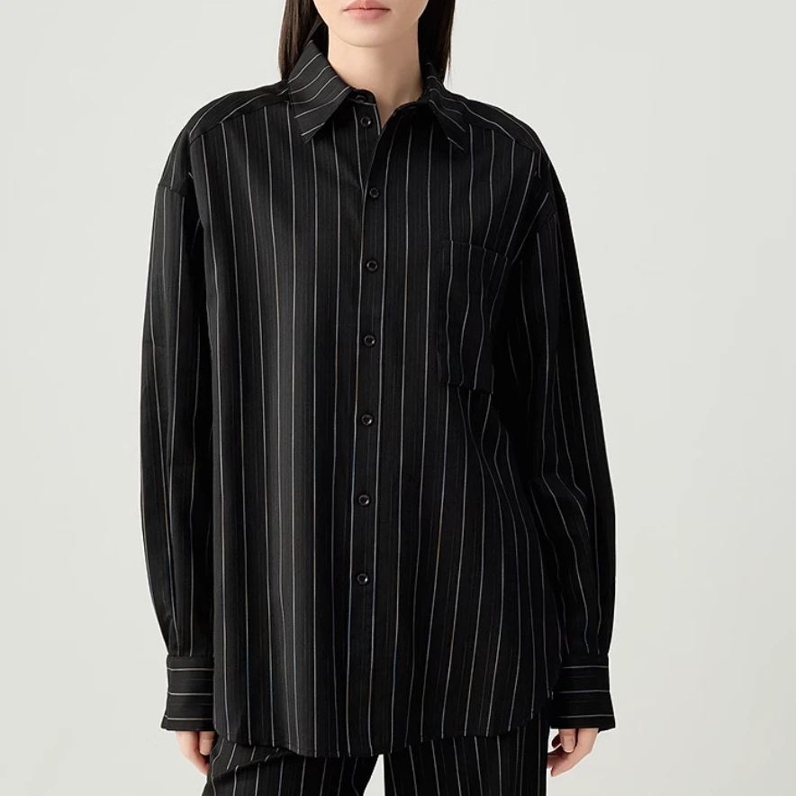 GIRDEAR/哥弟品质女装百搭松驰洒脱落肩款条纹衬衫130034