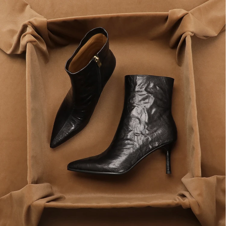 真皮法式细跟气质尖头裸靴高跟短靴女2025新款秋冬时尚瘦瘦靴皮靴