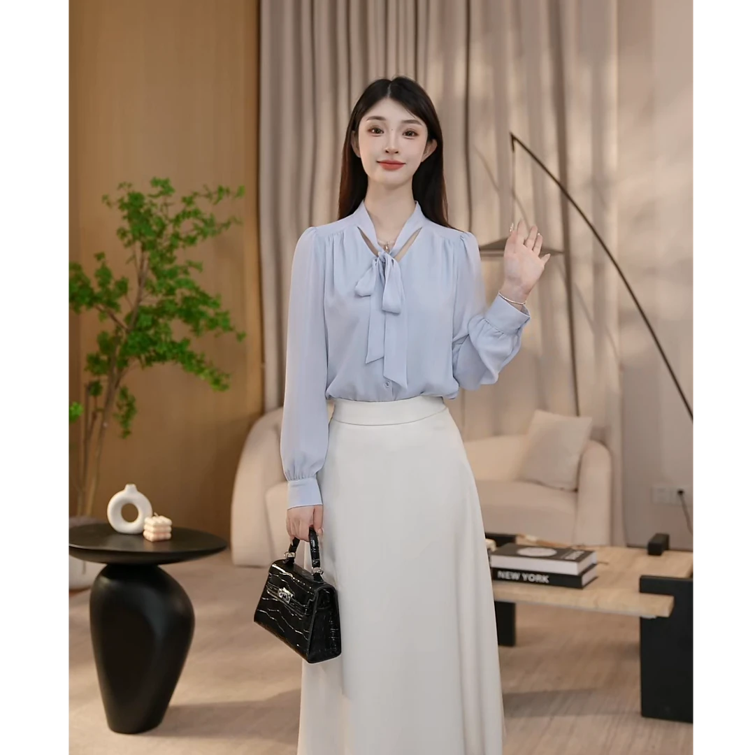 曼贝长袖衬衫女浅灰蓝设计感新款款式气质减龄衬衣8591170【珮珮】