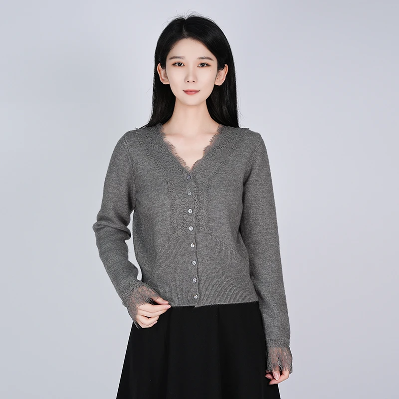 拼接蕾丝V领单排扣女士百搭时尚优雅气质长袖上衣WH05007817