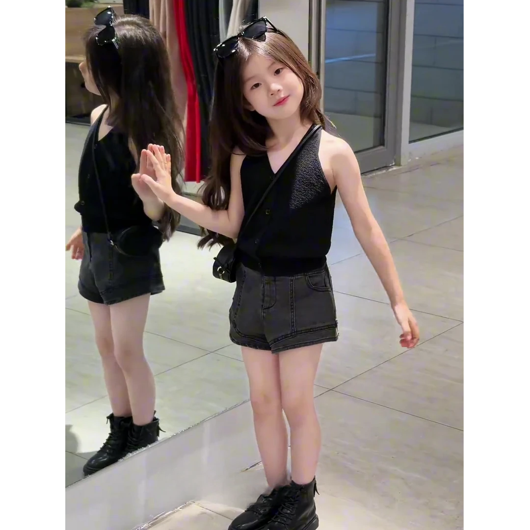 女童设计感气质背心复古短裤2025夏季韩版拼接牛仔热裤弹力短裤