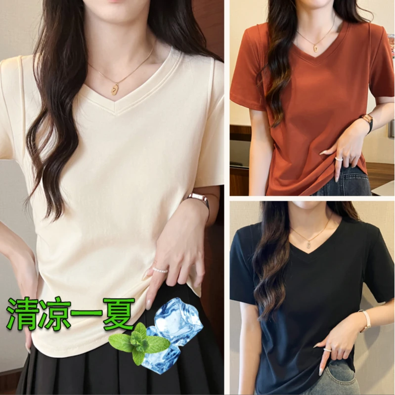 V领圆领短袖小众韩版设计感t恤上衣显瘦韩版辣妹减龄款3989