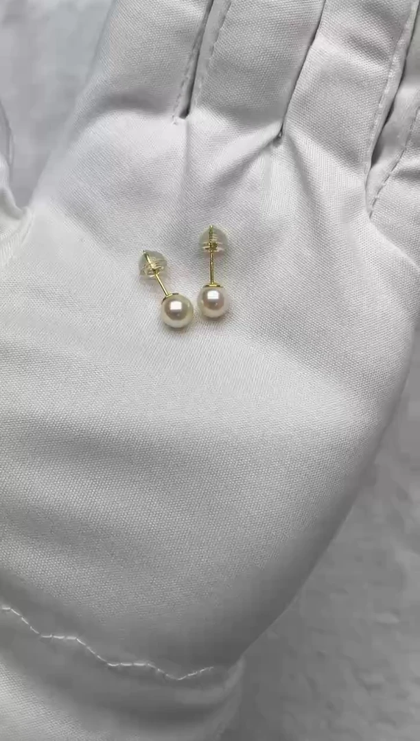 银S925镶嵌海水珍珠耳钉AK羽皇金素钉6-6.5mm