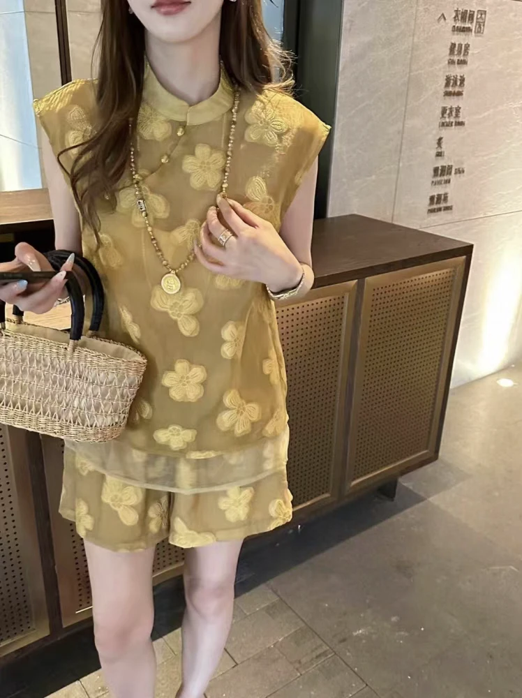 516-2韩版假两件欧根纱接拼无袖背心衬衫休闲短裤两件套女