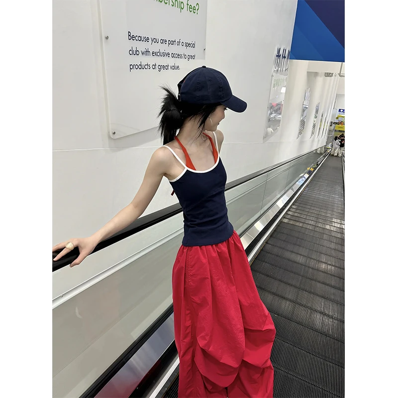 休闲慵懒风夏季挂脖假两件显瘦撞色无袖上衣运动休闲直筒阔腿裤