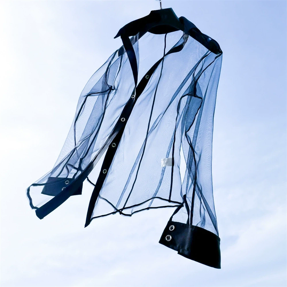 网纱衬衫超薄透肤OL职业装长袖打底衫修身性感极简风上衣防晒服