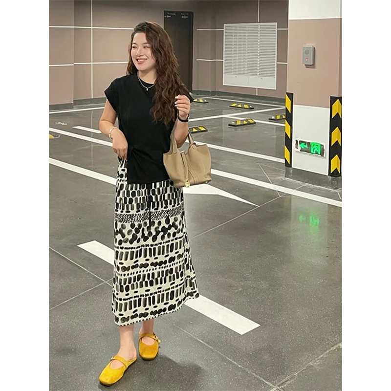 大码水墨波点开叉A字半身裙女夏季新款胖mm梨形遮胯显瘦裙子复古