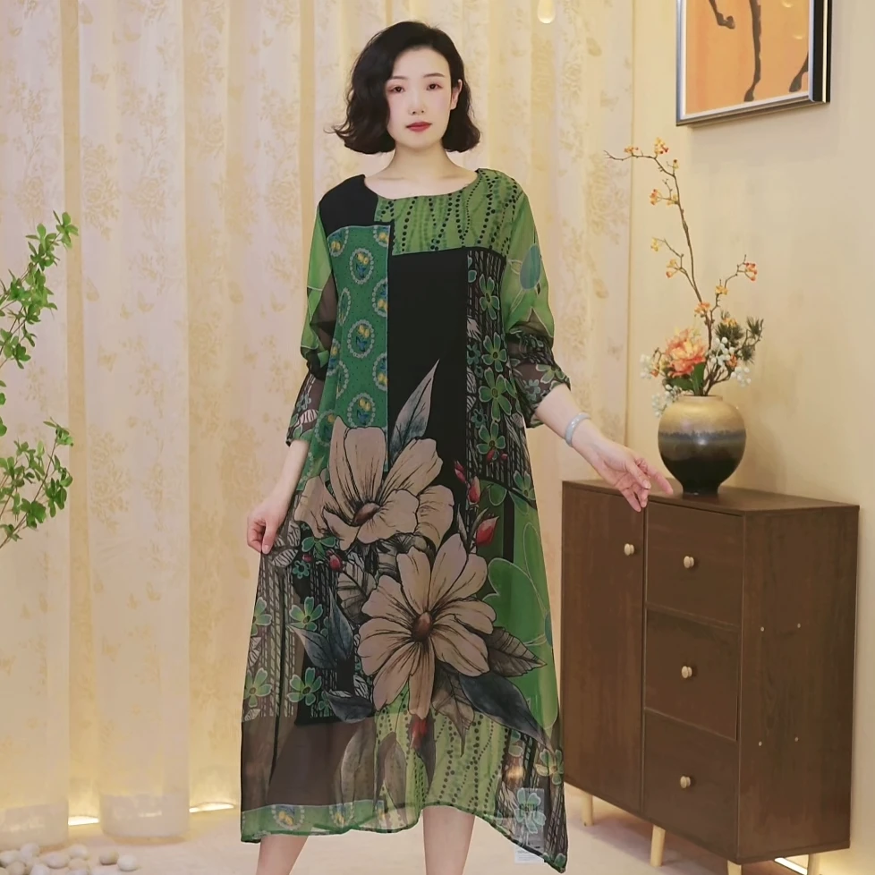 2580绿【桑蚕丝/设计款】2025年早春新款时尚百搭宽松款显瘦连衣裙