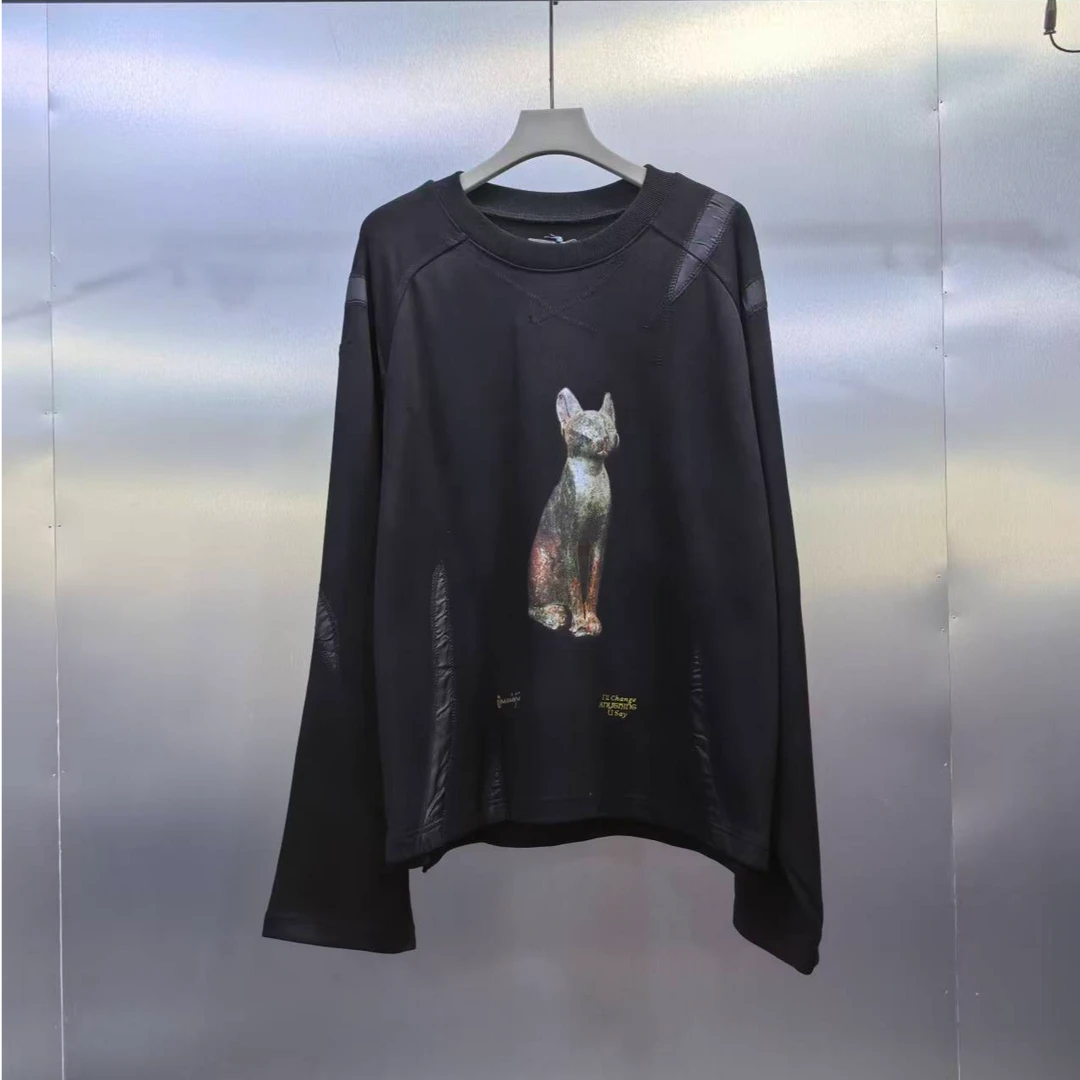 D02-102271-UMA明线缎面拼接猫猫印花设计时尚圆领卫衣