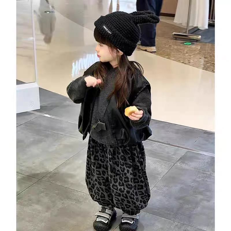 男童女童豹纹加绒休闲裤