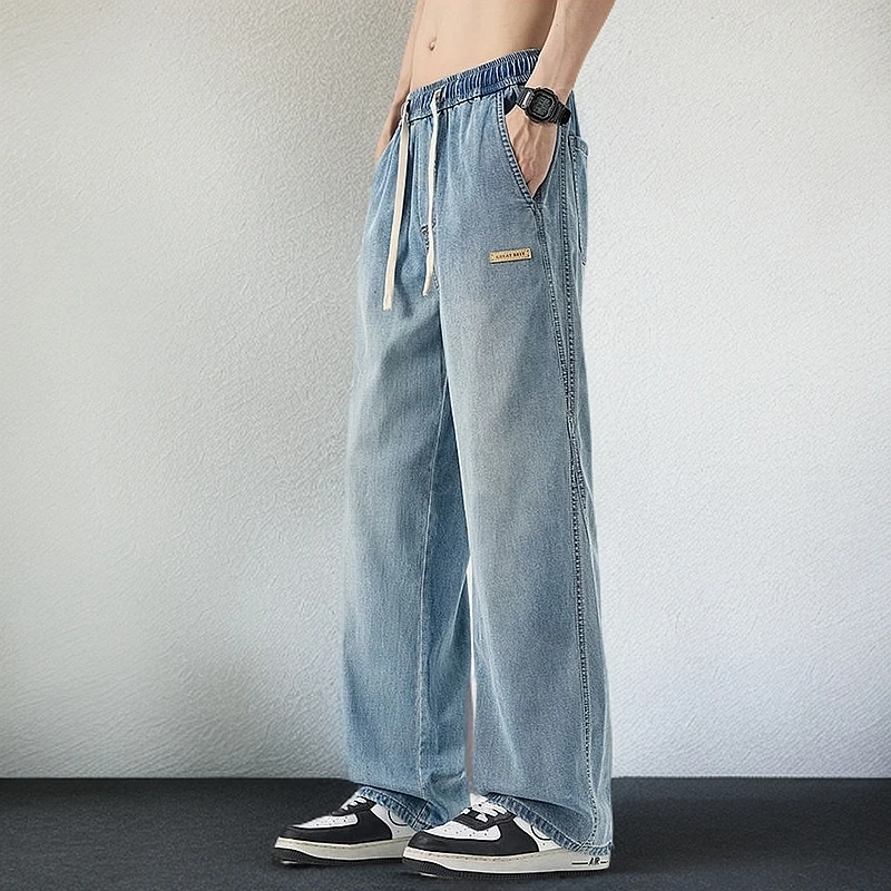 水洗复古牛仔裤夏季凉感休闲直筒裤港风潮牌青少年宽松垂顺阔腿裤