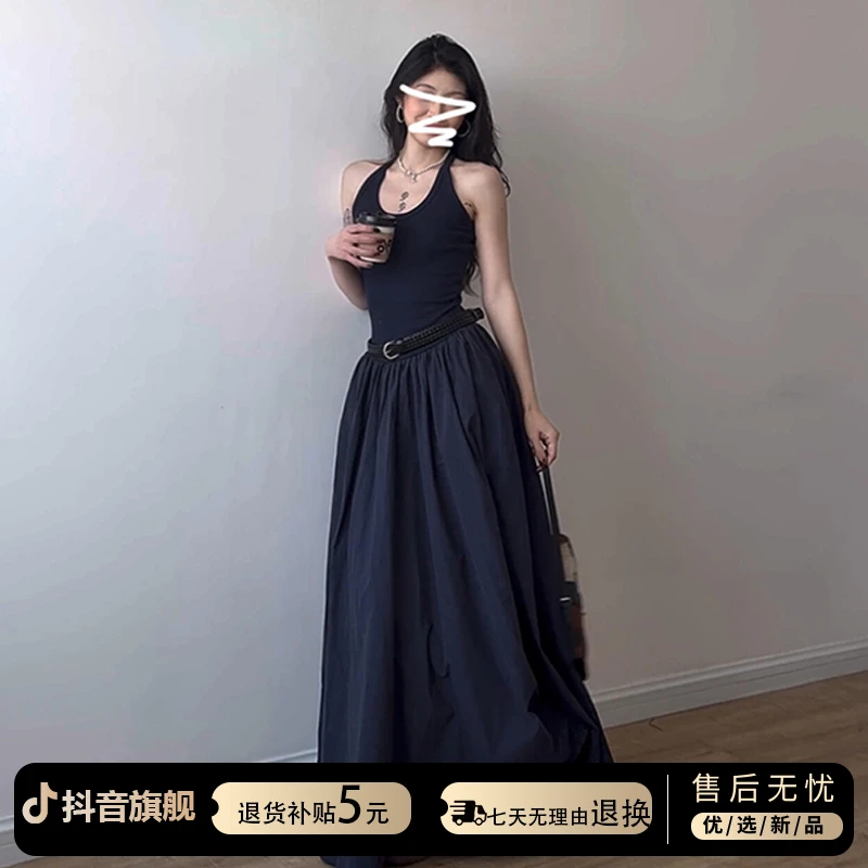 法式赫本风蓝色无袖背心连衣裙女夏季2025新款小个子收腰气质长裙