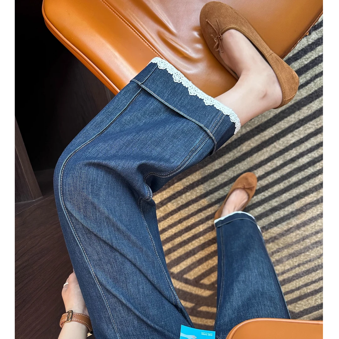 时髦蕾丝边~百搭高腰阔腿牛仔裤女夏季薄款小个子九分翻边直筒裤