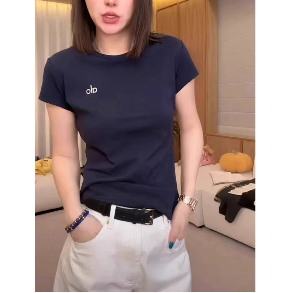 芊芊芙藏蓝色字母刺绣正肩短袖t恤女夏季新款圆领修身显瘦上衣潮