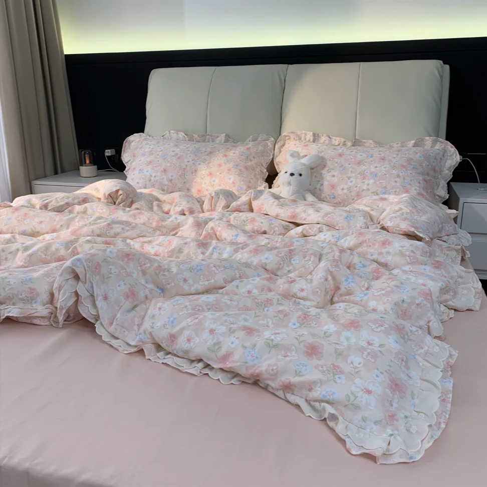 全棉双层纱镂空蕾丝花边全棉纱布棉套件四件套床单加厚人字纹提花