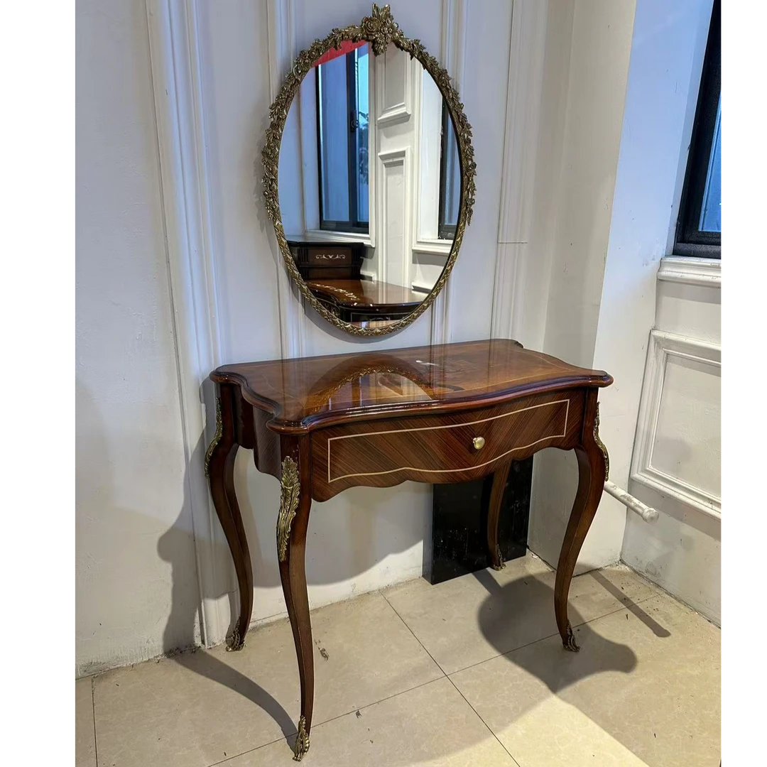 亚历山大实木梳妆台小书桌小玄关木皮拼花贝壳镶嵌梳妆台