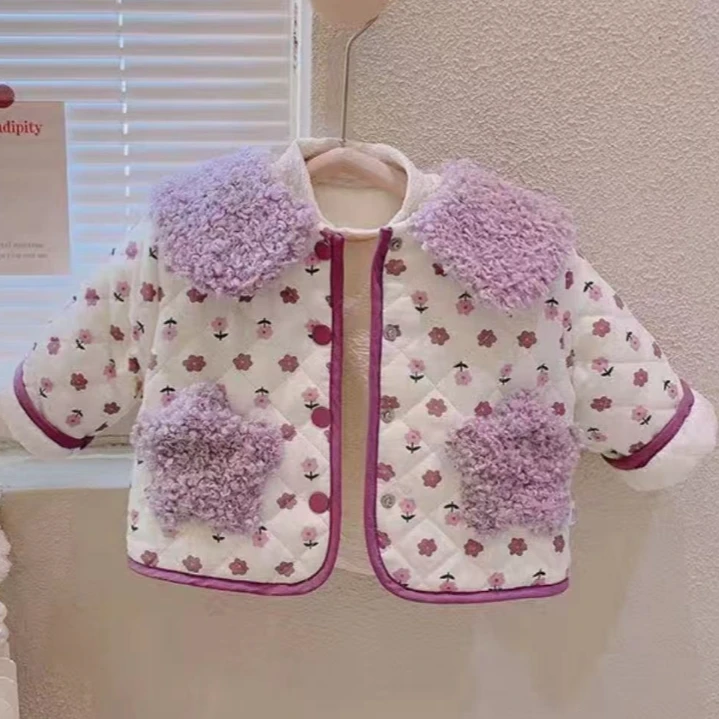【紫色星星碎花棉袄】紫色女童洋气加绒娃娃领保暖毛绒翻领棉袄